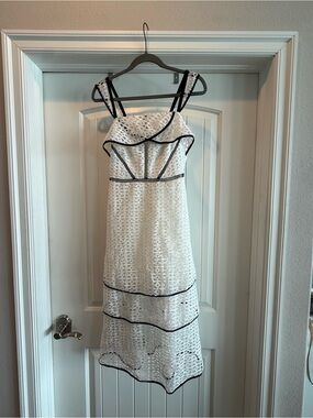 Gianni Bini White Lace Midi Dress with Black Trim
